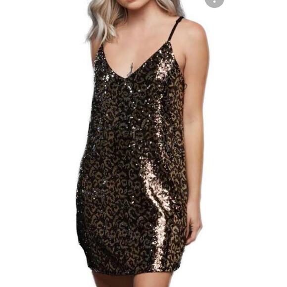 Guess Gold Black Leopard Sequin Dress Sleeveless Small NWT - Picture 1 of 12